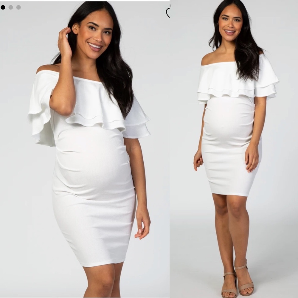 Pinkblush White Waffle Knit Off Shoulder Ruched Maternity Dress